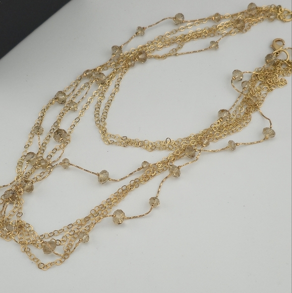 Gold Tone Multi-Strand Chain Necklace with Glass Bead Accents 20" Layered - Picture 4 of 16